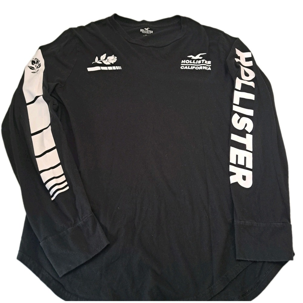 Hollister California Long Sleeve Graphic Print T-Shirt Mens XL Black Sleeve Logo